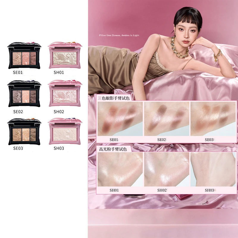 Highlighter & Blush Face Powder Set - Champagne Gold, Pink & Matte Finishing