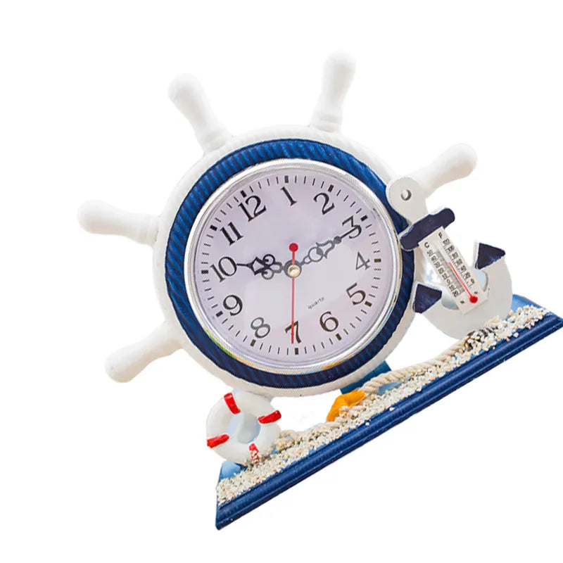 Nautical Style Rudder Shape Desk Clock with Thermometer - Silent Ocean Decor