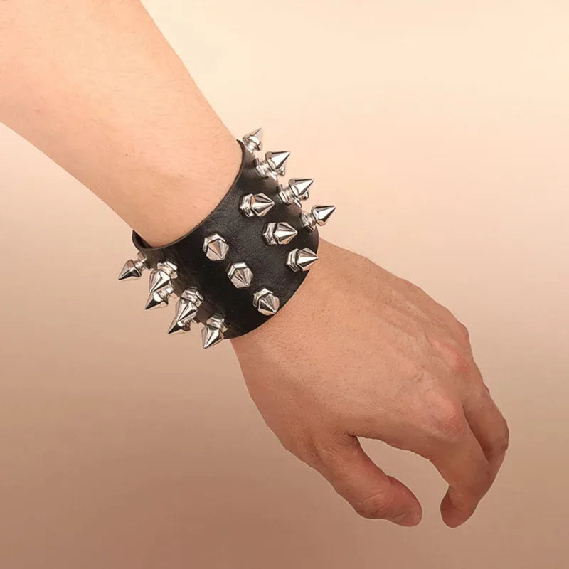 Goth Leather Wristband for Men Women - Spike Studded Adjustable Cuff Bracelet