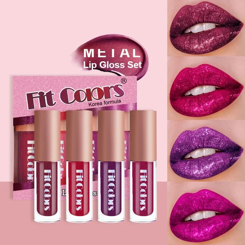 Lip Gloss Set - Metallic No-Stick Pearly Glitter Matte Lip Liquid Kit 4Pcs