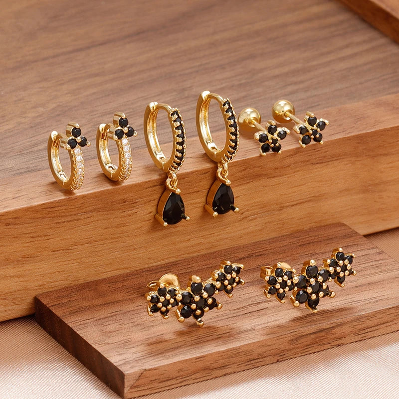 8PCS Stainless Steel Hoop Earrings Set for Women Crystal Flower Geometric Zircon Gold Plated Jewelry