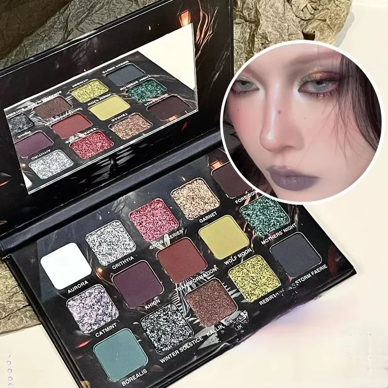 15-Color Matte Shimmer Glitter Waterproof Eyeshadow Palette for Halloween & Smoky Looks