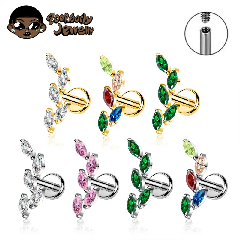 Titanium Body Piercing Earring with CZ Marquise Climber, 16G-18G, Flat Back