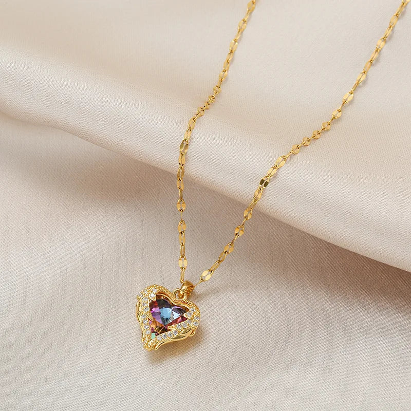 Colorful Crystal Ocean Heart Pendant Necklace for Women Stainless Steel Jewelry