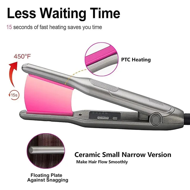 Mini Hair Straightener and Curler for Short Hair - Titanium Plate, Dual Voltage, Travel Flat Iron