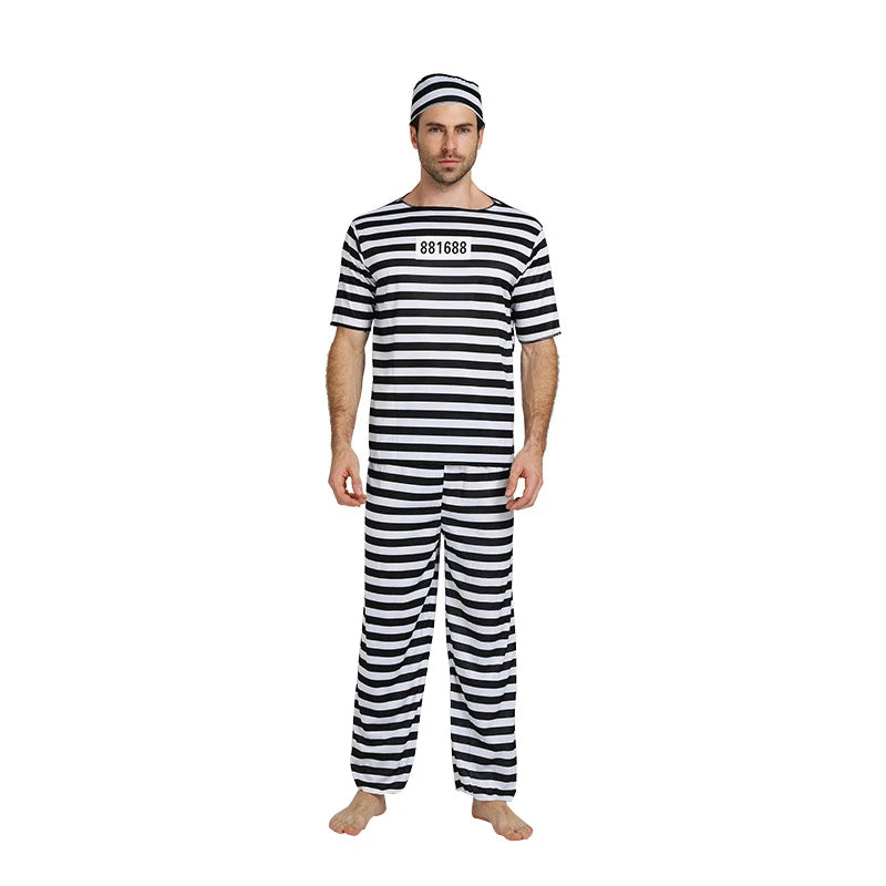 Prisoner Cosplay Costume Set for Men & Women - Striped Top Pants Hat
