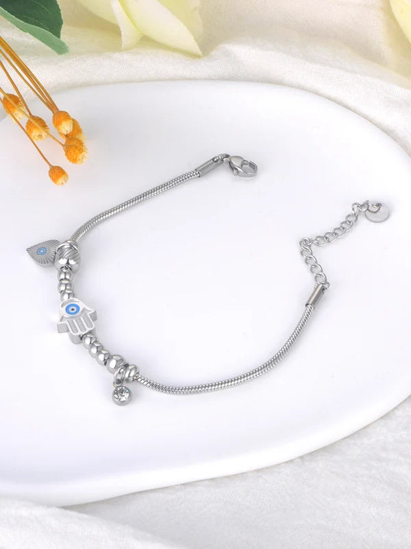 Stainless Steel Fatima Hand Blue Eye Charm Fashion Bracelet for Women
