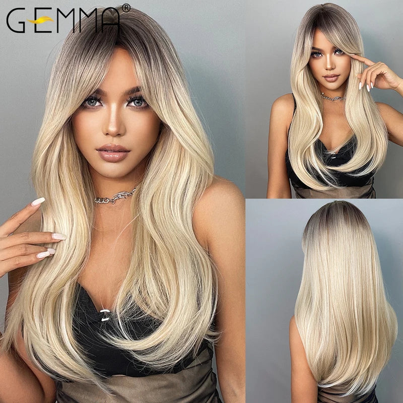 Ombre Brown Blonde Long Straight Synthetic Wig with Bangs for Women - High Temperature Fiber Cosplay Hair