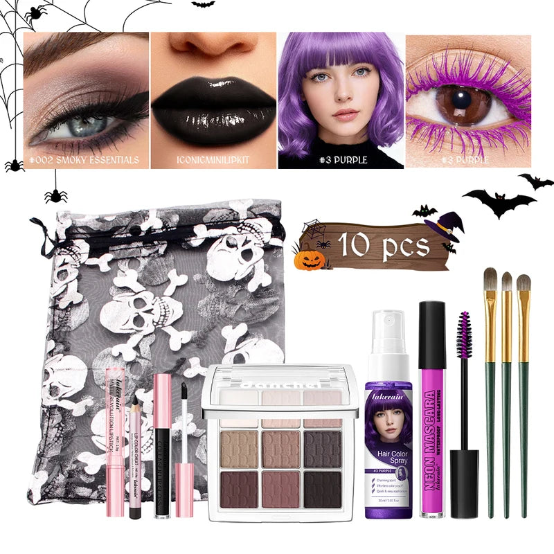 Halloween Makeup Set with Eyeshadow Palette, Lipstick, Hair Dye & Brushes