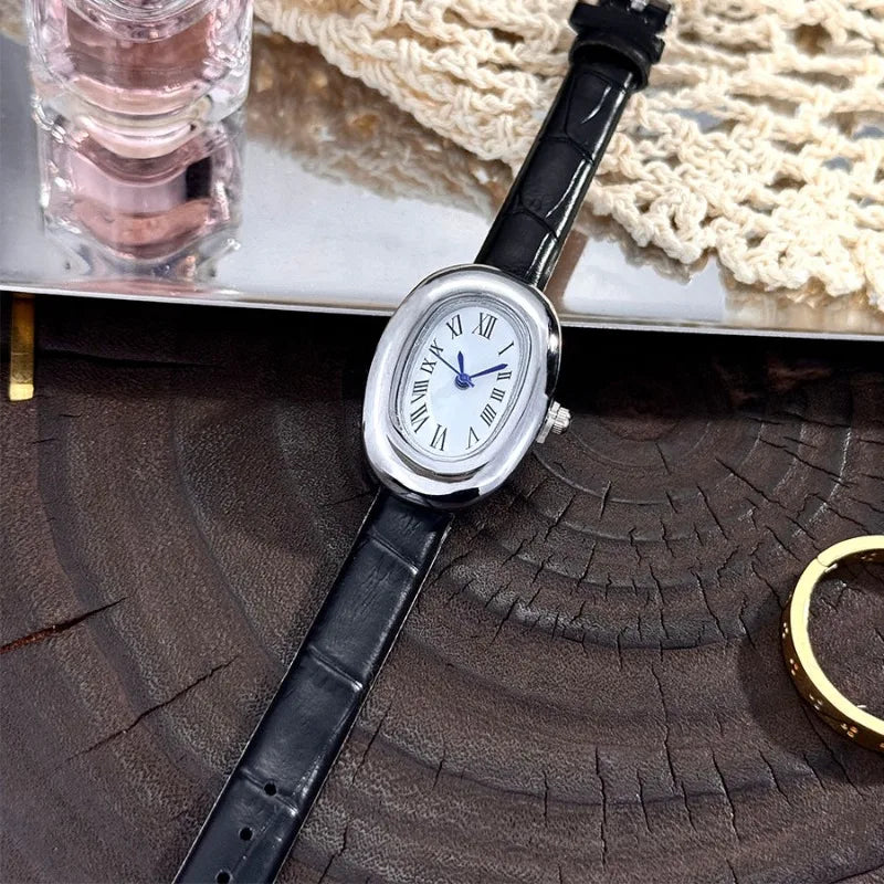 Oval Fashion Quartz Watch with Imitation Leather Strap - Compact Casual Style