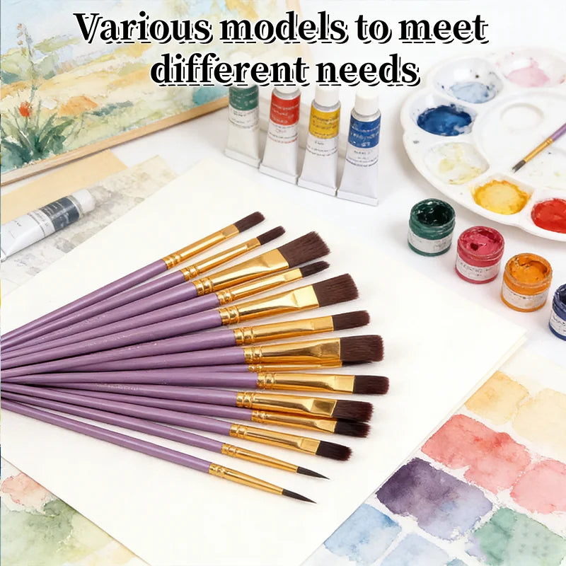 10-Piece Artist Paint Brush Set - Nylon Bristle Watercolor, Acrylic & Oil Brushes
