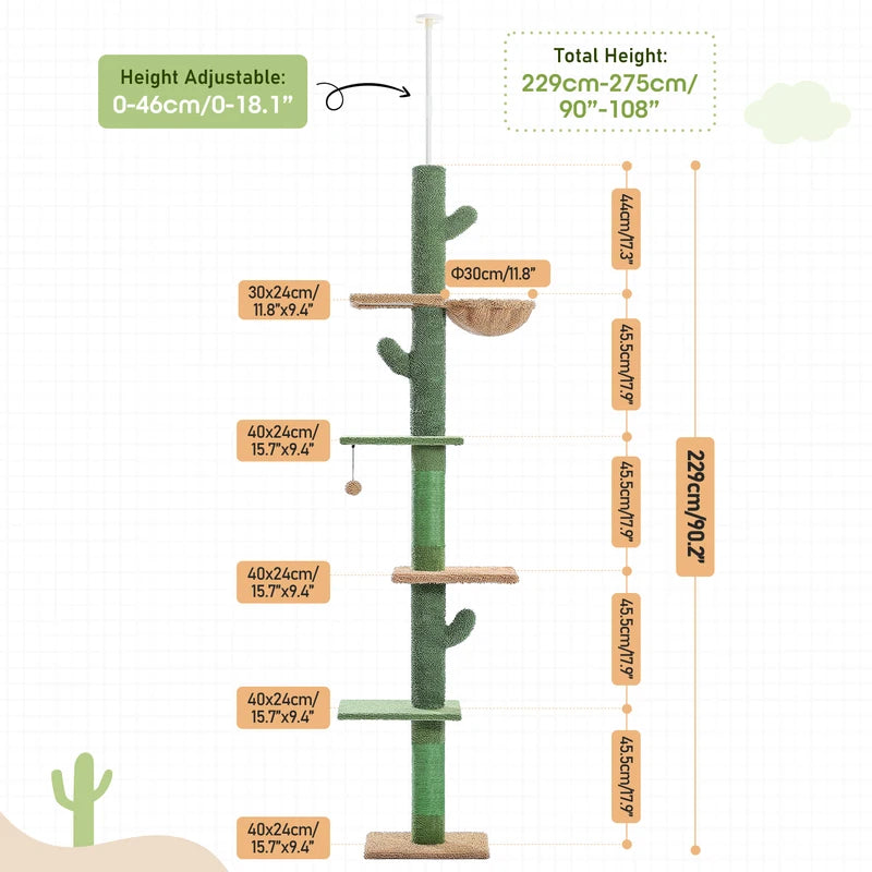 Tall Floor to Ceiling Cat Tree with Cactus Design, Scratching Posts & Hammock