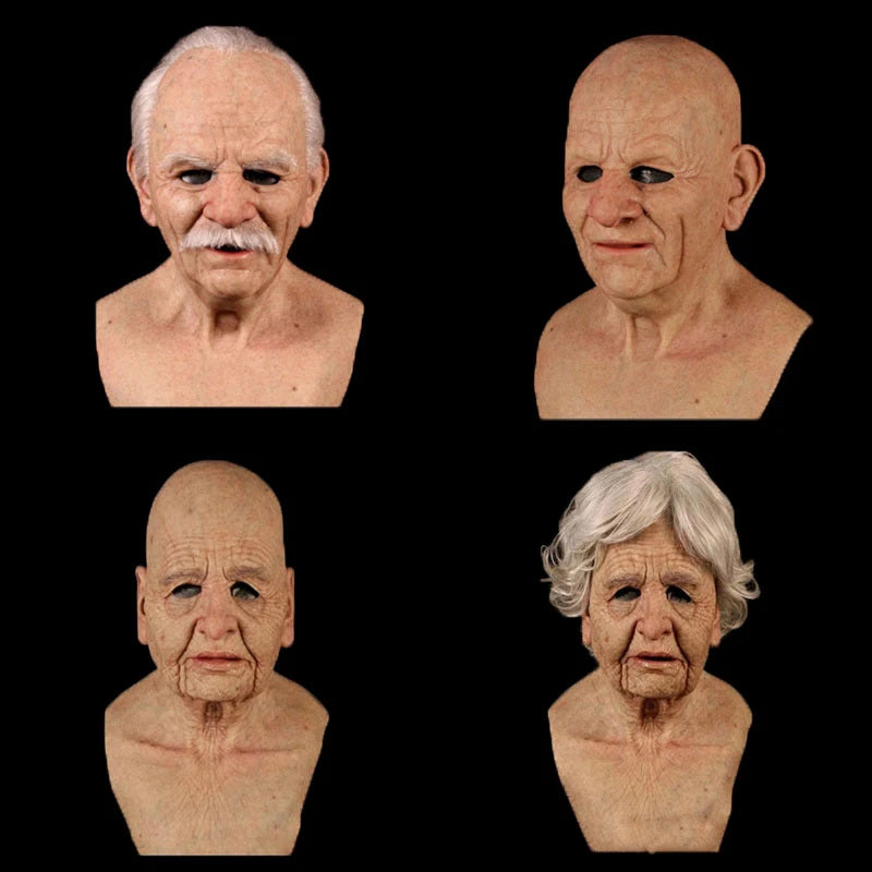 Halloween Elderly Man & Woman Full Head Mask Wrinkle Face Cosplay Prop