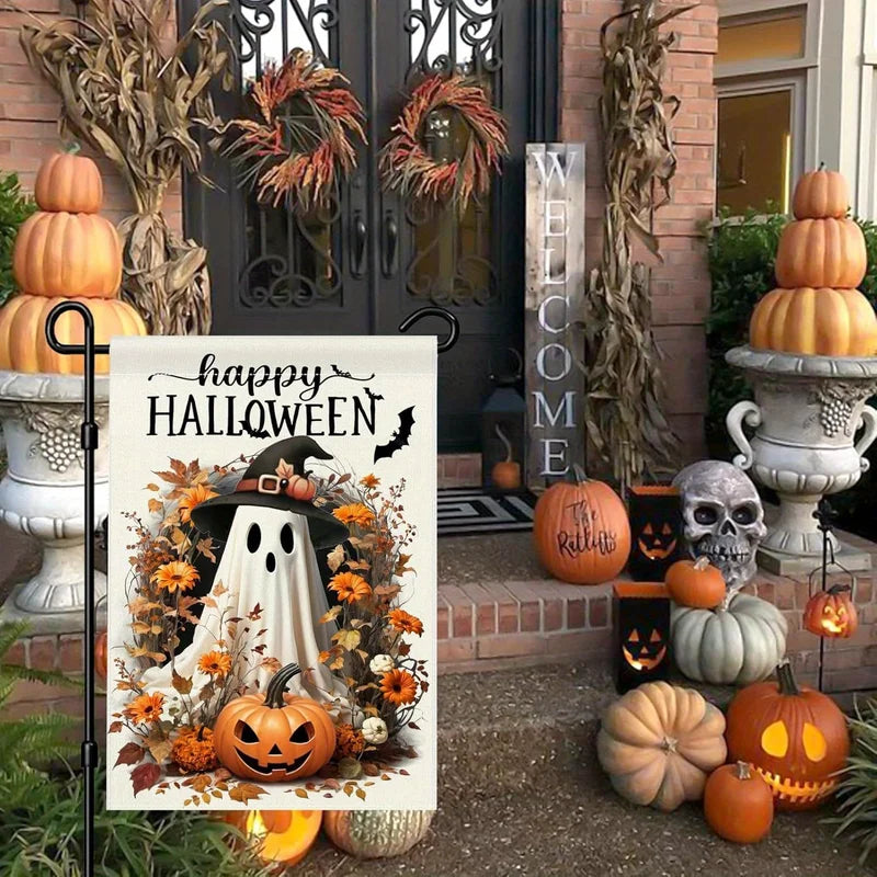 Halloween Garden Flag with Ghost Jack-o'-Lantern Bat Pumpkin and Flowers - Polyester Outdoor Decor