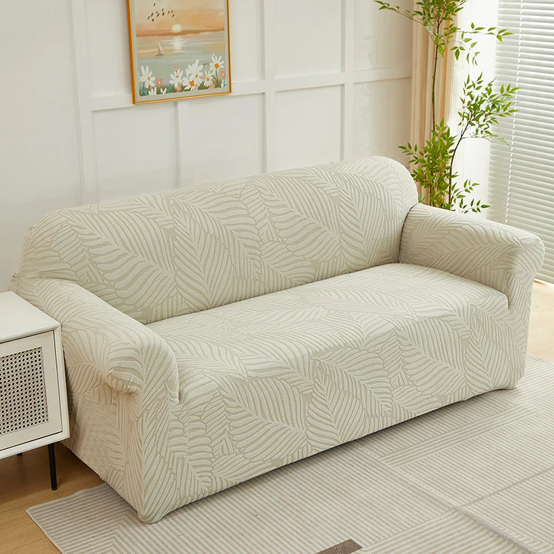 Jacquard Leaves Pattern Sofa Slipcover - Non-Slip Stretch Protector for L-Shaped & Sectional Sofas