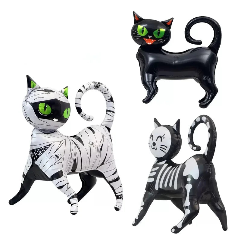 Halloween Black Cat Balloon Decoration with 4D Cartoon Standing Design, Green Eyes, Aluminum Foil, Binding Cloth Style