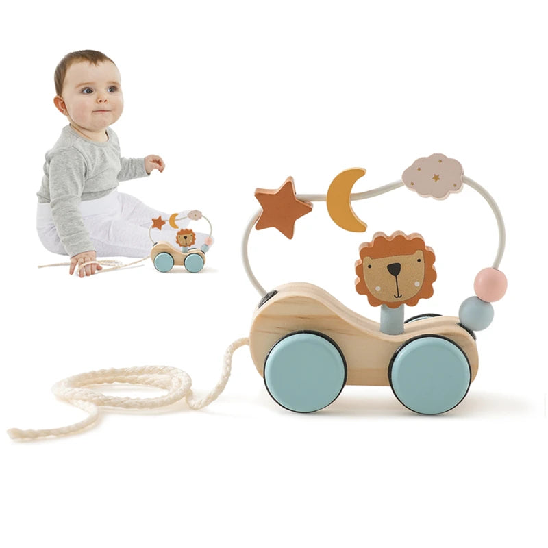 Montessori Wooden Baby Trailer Toys - Colorful Building Blocks & Dragging Car