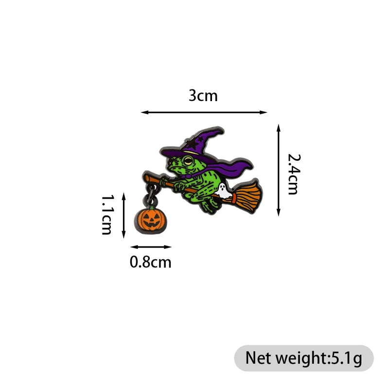 Halloween Frog Witch Enamel Brooch - Broom Pumpkin Ghost Badge for Backpack Hat