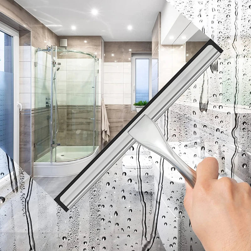 Stainless Steel Shower Squeegee with Hooks - Glass, Tile & Mirror Cleaning Tool