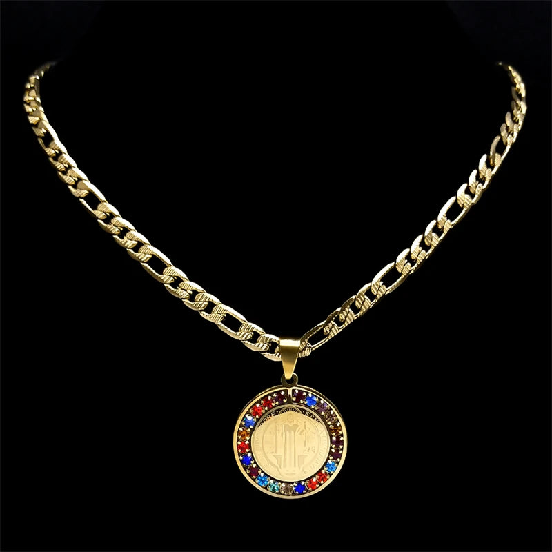 Colorful Crystal Saint Benedict Medal Necklace Women Men Stainless Steel Chain Jewelry