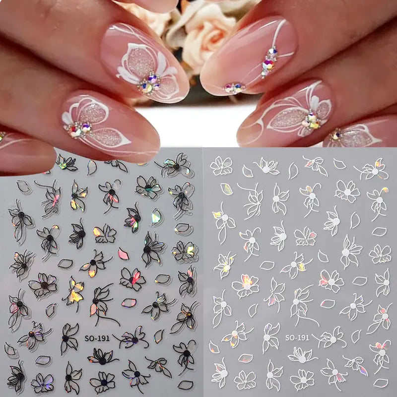 2pcs 3D Black White Flower Nail Art Decals Stickers for Manicure