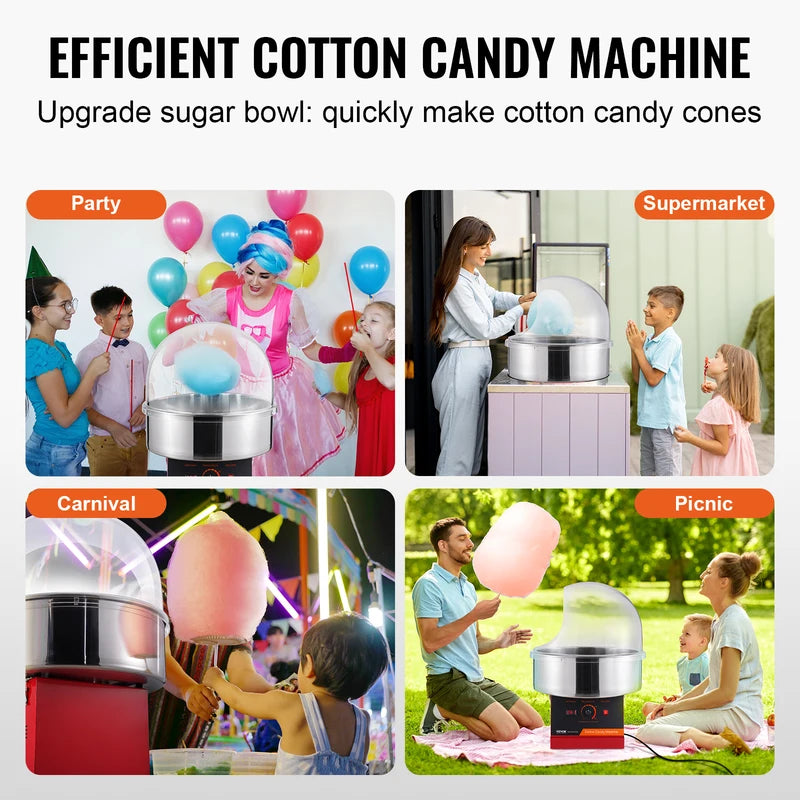 Commercial Electric Cotton Candy Machine 1000W Stainless Steel Bowl & Sugar Scoop