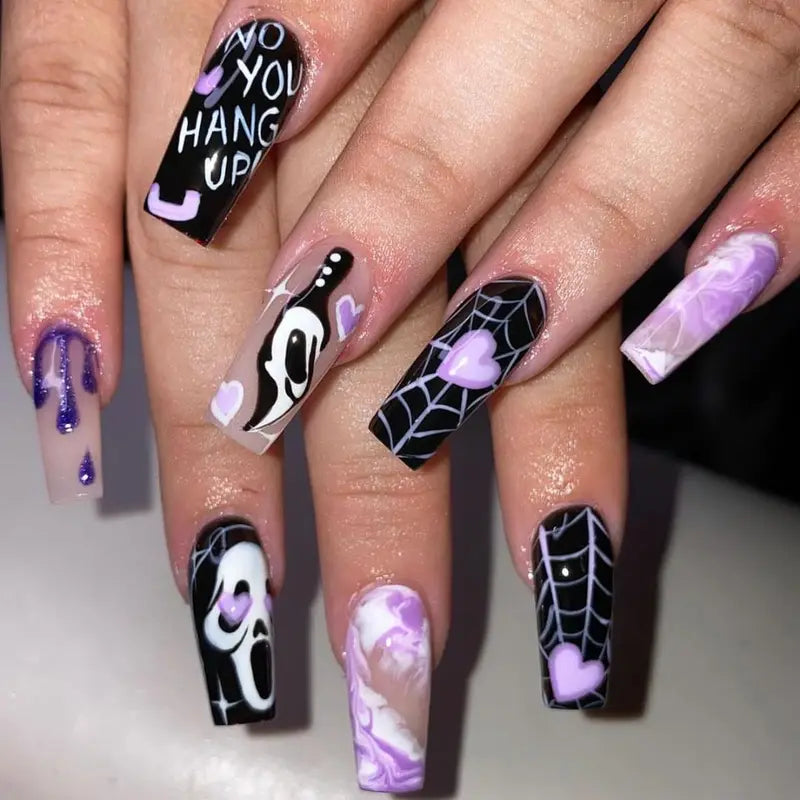 Halloween Long Press-On Nail Tips - Zombie Bride Ghost Pumpkin Print Reusable Fake Nails