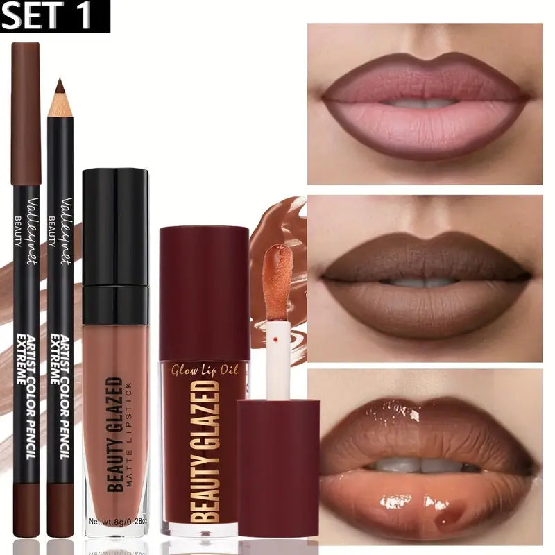 3Pcs Lip Makeup Set with Lip Liner, Lip Gloss & Lip Oil - Long-Lasting Waterproof