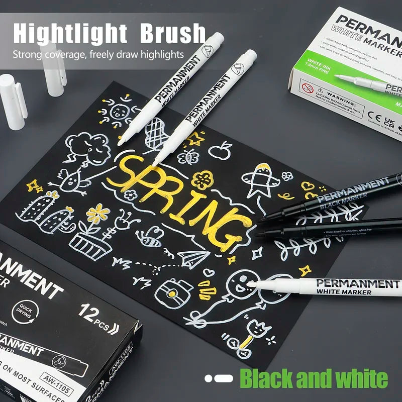 Waterproof Marker Pen Set - 3/6/12 pcs White Black Inks for Rock, Stone, Glass, Wood, Fabric, Metal