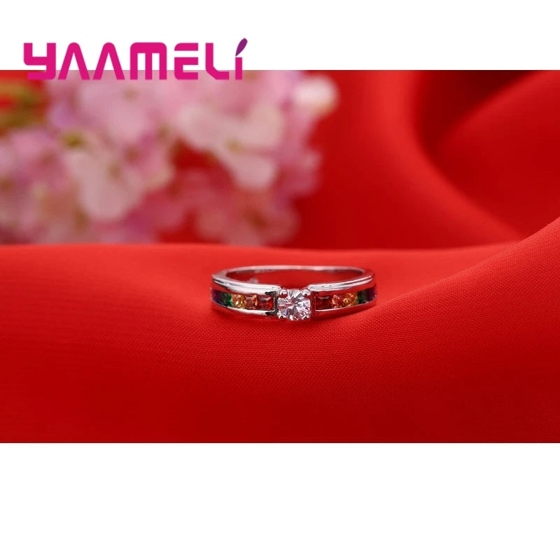 Rainbow Cubic Zircon Rings for Women Wedding Engagement Jewelry US Sizes 6-10