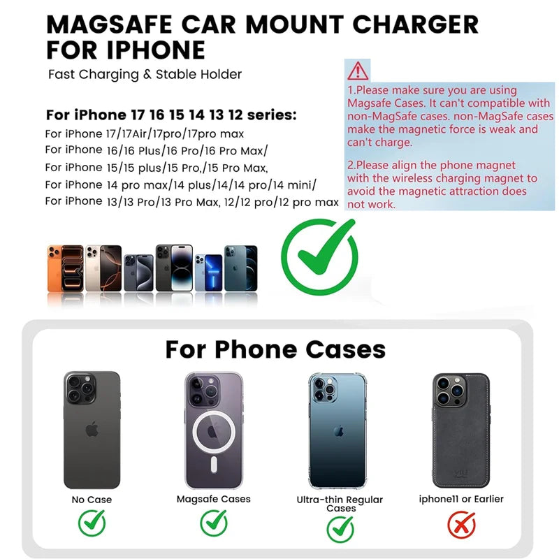 Wireless Car Phone Charger Mount with Magnetic Holder and Fast Charging 30W