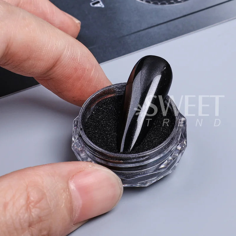 Black Mirror Nail Glitter Pigment 2pcs Y2K Chrome Rubbing Dust for Manicure