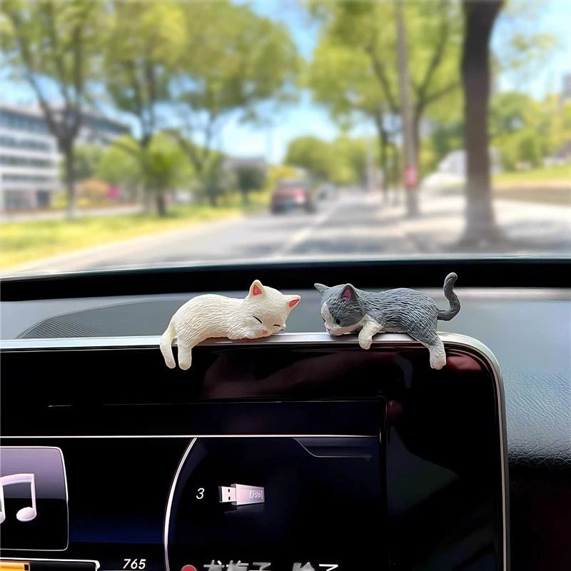 Mini Sleeping Cat Car Ornament - Cute Resin Landscape Model for Car Interior & Desk Decor
