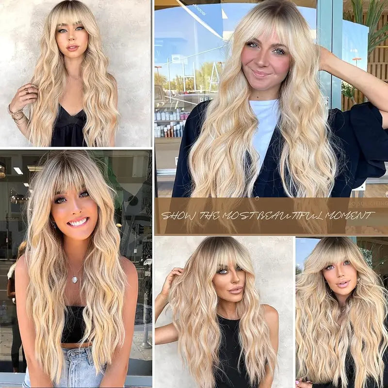 Long Blonde Ombre Wavy Synthetic Wig with Bangs for Women - Heat Resistant Cosplay & Daily Wear