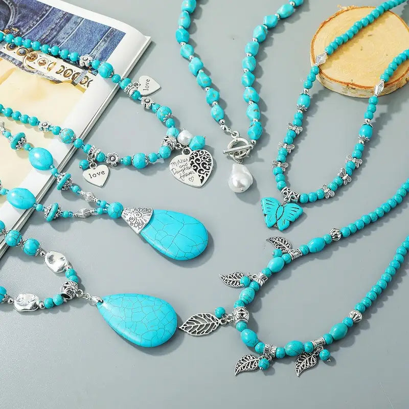Elegant Turquoise Beaded Necklace for Women with Teardrop Pendant