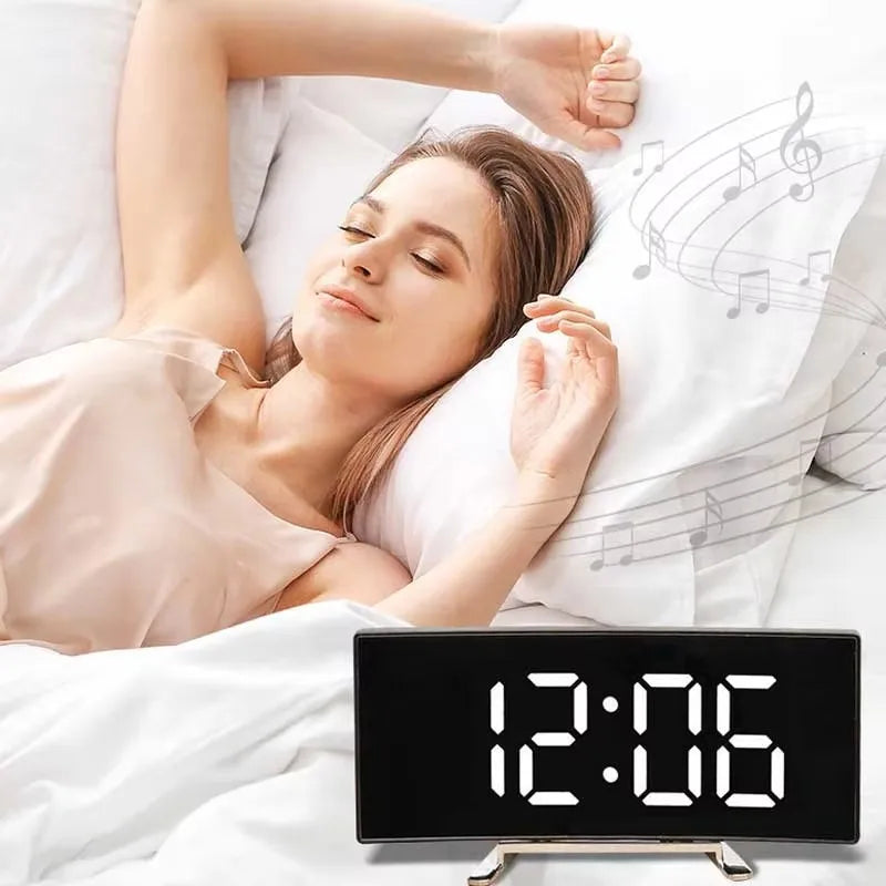 Large Mirror LED Alarm Clock with Silent Operation - Modern Curved Design, Desktop Clock for Living Room & Bedroom