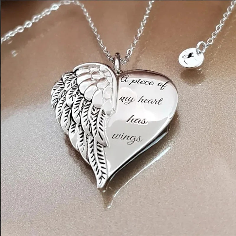 Angel Wings Pendant Necklace for Women - Engraved Heart Jewelry