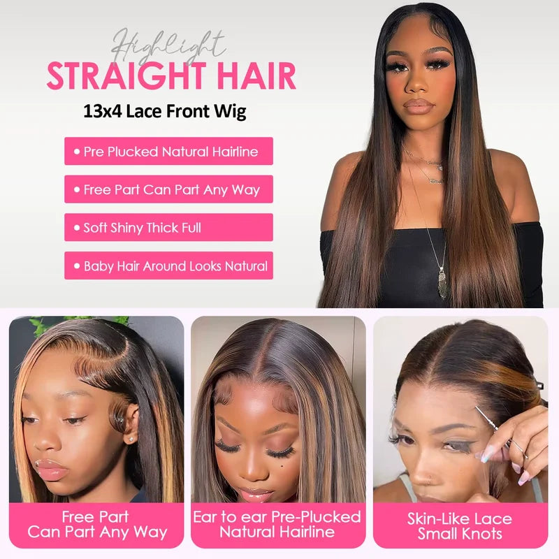 Highlight Ombre Human Hair Wig 13x6 HD Transparent Lace Frontal Straight 250% Density