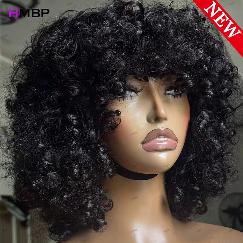 Bouncy Curly Lace Front Wig with Bangs 450 Density Human Hair 13x6 HD Glueless Pre Plucked
