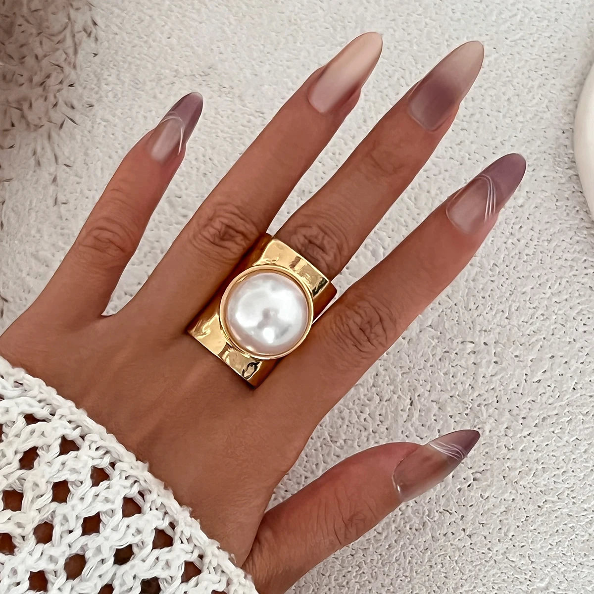 Adjustable Metal Ring for Women & Men with Imitation Pearl Geometric Design
