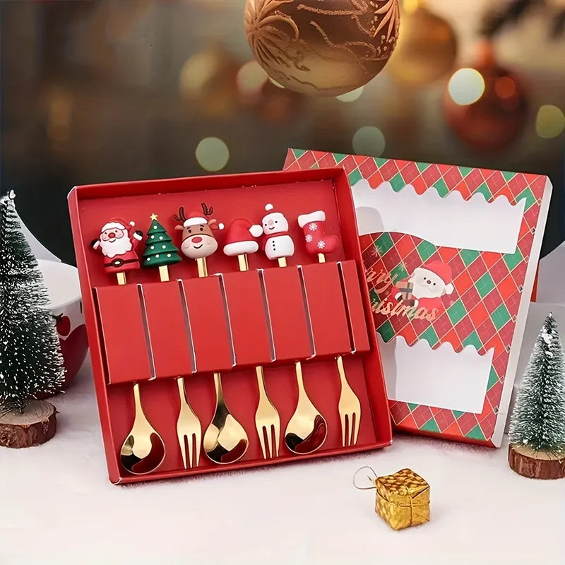 Christmas Stainless Steel Fork and Spoon Set with Santa Design - 2/4/6 Pcs Holiday Tableware
