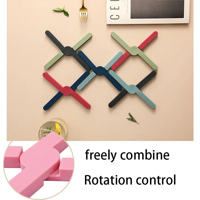 Silicone Heat Resistant Pot & Pan Mat with Cross Holder, Foldable Non-Slip Kitchen Pad