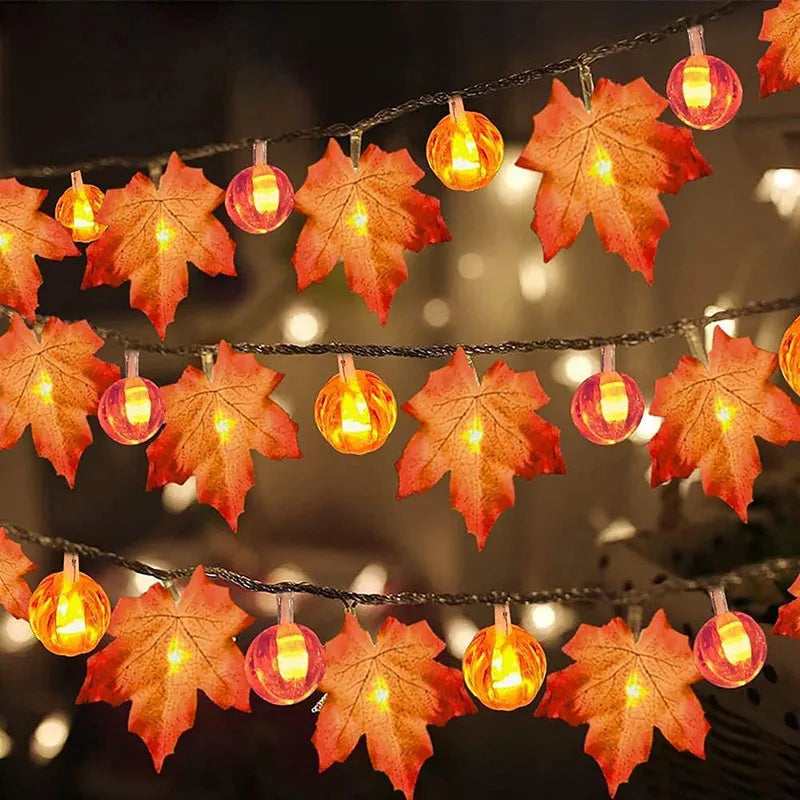 LED Halloween Fairy Light Garland with Pumpkin & Maple Leaf Decorations - Battery Powered Indoor Outdoor Decor