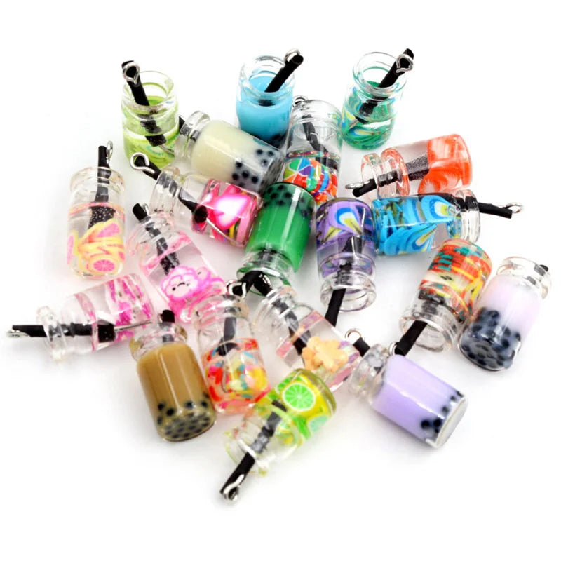 20pcs Colorful Milk Tea Fruit Bottle Charms Glass Pendants Jewelry Findings