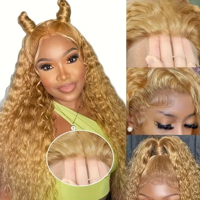 Deep Wave Lace Front Wig Honey Blonde HD 13x6 Transparent Frontal Human Hair 26-32in