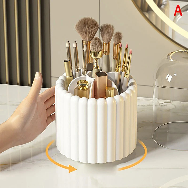 Rotating Makeup Brush Holder with Lid - Cosmetic Storage Organizer for Brushes, Lipsticks, Eyeliners
