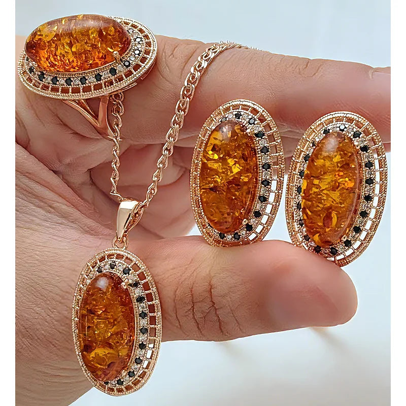 Vintage Amber and Zircon Jewelry Set for Women - Rose Gold Finish