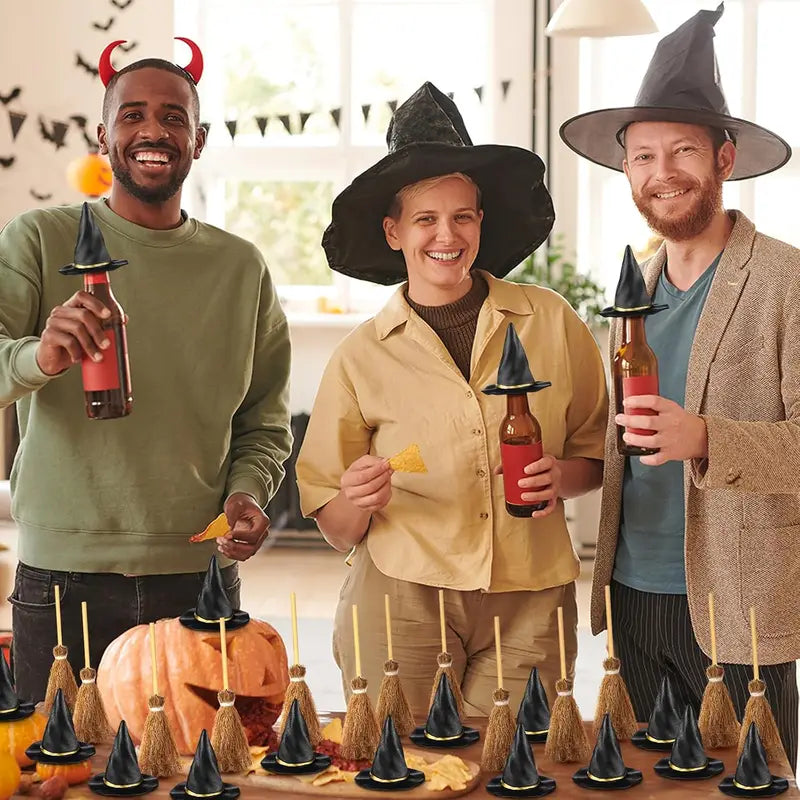Mini Witch Hat & Broom Set for Halloween Party Decor - 10-50Pcs