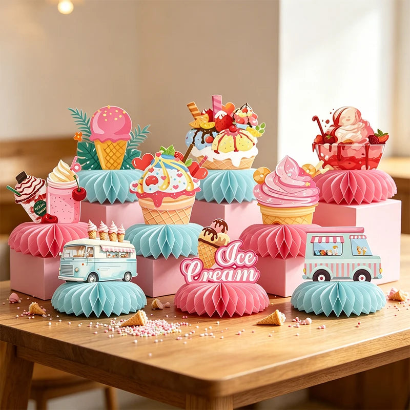 Ice Cream Themed Party Decorations Set - Birthday Banner & Honeycomb Ornaments