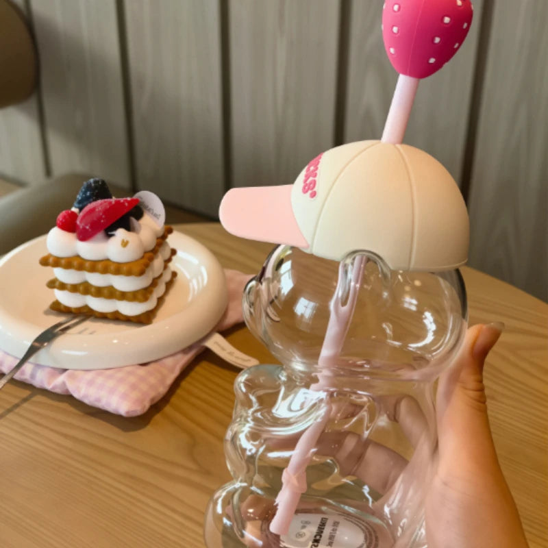 591ml Glass Water Tumbler with Strawberry Decor and Baseball Cap Lid